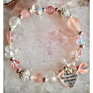 New Handmade Pink Beaded Breast Cancer Awareness Bracelet w/ Ribbon Charm - 8”